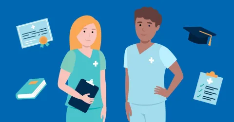 An FNP and AGANCP standing next to one another with a graduation cap, clipboard, book and certificate in the background.