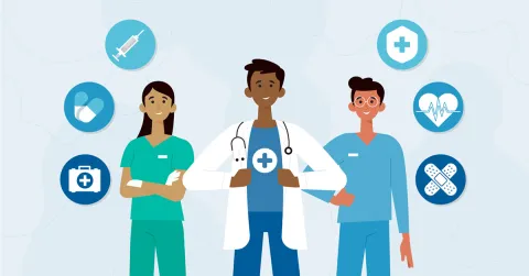 Three nurses standing with medical icons above.